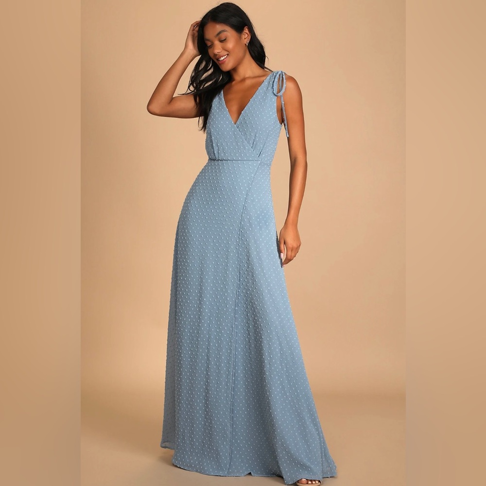 Lulu’s Romantic Possibilities Slate Blue Swiss Dot
Maxi Dress